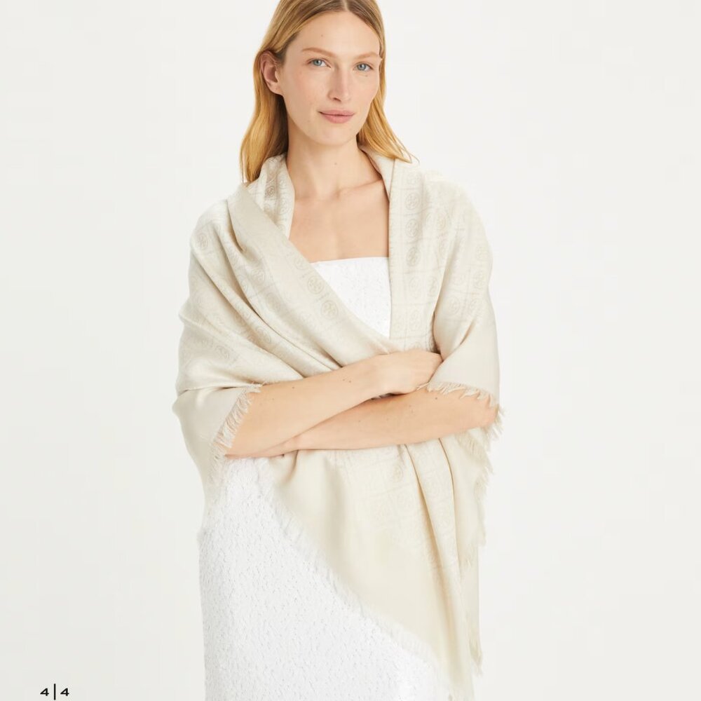 Tory Burch Logo Jacquard Traveler Silk and Wool Scarf in New Ivory - Picture 4 of 9